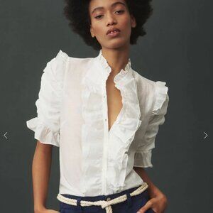 Anthropologie Sunday in Brooklyn Short-Sleeve Ruffle-Front Buttondown Shirt